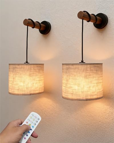 Battery Operated Wall Sconces Set of 2, Rechargeable Wireless Wall Lights with Remote Control, Dimmable RGB Color Changing, for Bedroom Living Room Hallway Staircase (Linen Fabric, Natural Wood)