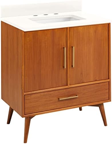 Signature Hardware 953363-30-RUMB-8 Novak 30" Freestanding Teak Single Basin Vanity Set with Cabinet, Vanity Top, and Rectangular Undermount Sink - 8" Faucet Holes - Teak/Arctic White