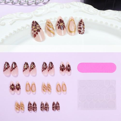 Image of Brown Flower Press on Nails Leopard Fake Nails Medium Almond False Nails with Gold Design Nude Glue on Nails Glossy Artificial Acrylic Full Cover Stick on Nails for Women Manicure 24Pcs