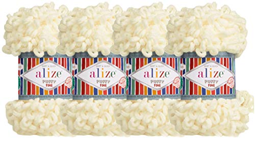 Alize Puffy Fine Baby Blanket Small Loop 100% Micropolyester Soft Yarn Lot of 4skn 400gr 64yds (62 - Light Cream)