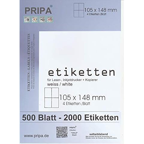 pripa Etikettenformat 105 x 148 mm, 500 Blatt Großpackung DIN A4 selbstklebende Etiketten. 4 Etiketten pro Bogen (500) Cover