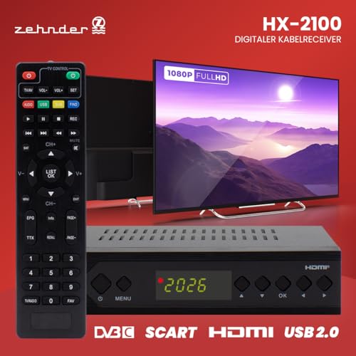 [ Test SEHR GUT, Note 1.1 *] Zehnder HX 2100 Full HD Kabel Receiver mit PVR Aufnahmefunktion, DVB-C Receiver für Kabelfernsehen Kabelanschluss, DVBC Kabelreceiver für TV Radio Fernsehen, SCART USB