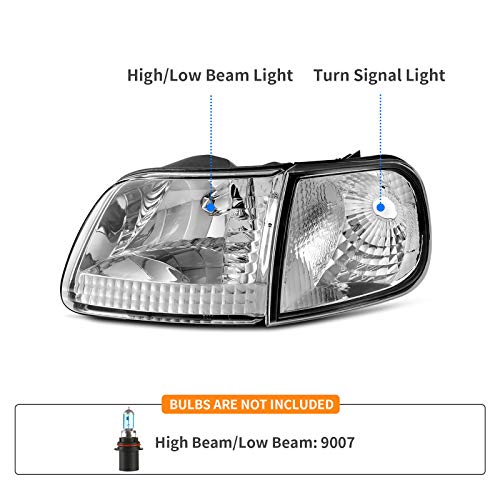 Dwvo Headlight Assembly Compatible With 1997-2003 Ford F-150/1997-2002 Ford Expedition Chrome Housing Clear Reflector #TOP1