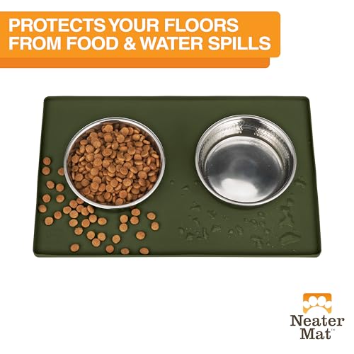 Image of Neater Pet Brands Neater Mat Pet Mats for Food and Water, Cat & Dog Bowl Mat Waterproof Silicone, Feeding Tray, Dog Food Mats for Floors, Placemat w /Raised Edge for Under Bowls, 19 inch x 12 inch, Olive