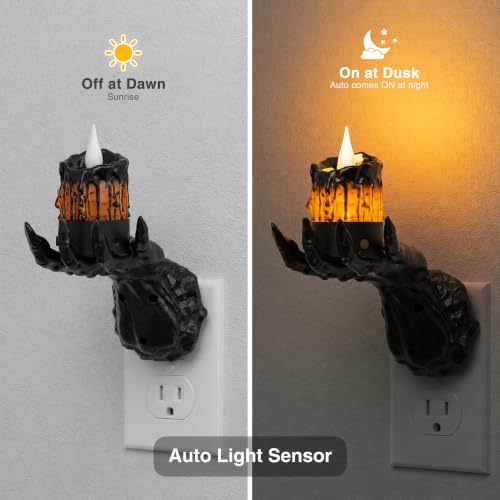 Image of Halloween Ghost Hand Candle Night Light, Plug in LED Night Light | Amber Halloween Night Light with Realistic Flickering Flame Effect, Dusk to Dawn Sensor for Kids Room, Party & Home Decor