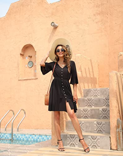 Image of VintageClothing Women's Floral Sundresses Flowy Boho Summer Beach Dress | Lightweight Breathable material,Elegant V Neck and Button Front Design,Flared Bell Sleeve Cut,Mini Casual dress