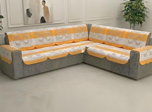 Image of Fab Nation Sofa Cover L Shape 7 Seater with Corner L Type Fully Covered Sofa Set for Living Room | Cotton Sofa Slipcovers for 4 + 3 Seaters Cover with 2 Arms | Yellow