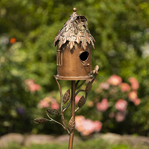 Copper Color Bird House Garden Stake with Ornate Style Roof (Cylinder House)