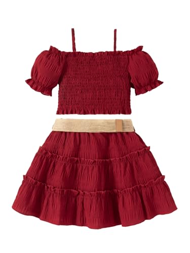 Image of Girls Outfits Puff Sleeves Off Shoulder Crop Tops and Ruffle Flared Hem Skirt Set Toddler Summer Clothes