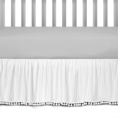 Image of Ruffled Crib Skirt with Pompoms:Crib Bed Skirt with 14" Drop,Mini Bedding Toddler Skirt,Baby Accessories for Baby Boys Girls,28" X 52" (White)