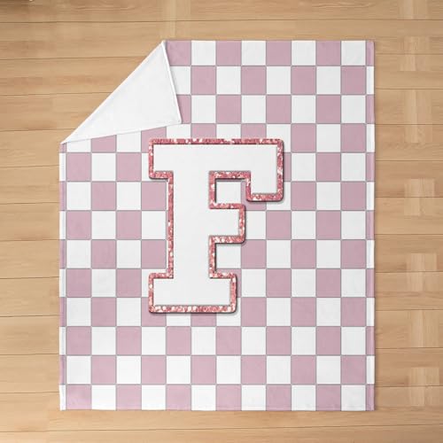 Image of Erosebridal Pink Initial F Fuzzy Plush Throw Kawaii Plaid Checkered Fleece Blanket Cute Personalized Monogram Flannel Blanket for Kids Girls,Fashion Grids Gingham Decor for Bed Couch Baby 30 inchx40 inch