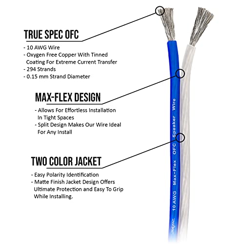 Skar Audio 10 Gauge (Awg) Elite Oxygen-Free Copper Audio Speaker Wire - 30 Feet (Blue/White) #TOP3