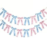 2 Strings 16pcs Pink Blue Bow Garland Banner, Pre-Strung Satin Ribbon Decorations for Coquette Theme Birthday Party, Baby Shower, Bridal Shower, Gender Reveal,Wedding, Bachelorette Party Decor