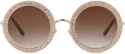 SOJOS Shining Oversized Round Rhinestone Sunglasses Festival Gem Sunnies SJ1095 with Gold Frame/Gradient Brown Lens with Crystal Diamonds