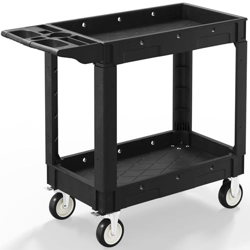 Plastic Utility Cart on Wheels, 40 x 17 Inch Rolling Service Cart-Black | 2 Shelf Work Carts, 500 lbs Capacity Heavy Duty Tool Cart W/Tub Storage & Deep Shelve, for Warehouse, Garage, Cleaning