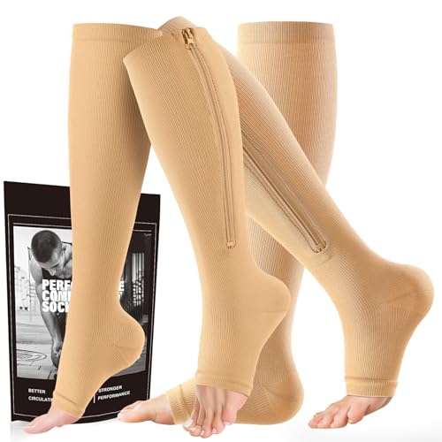 Image of cerpite Zipper Compression Socks, 2-Pack Open Toe 15-20mmHg for Men & Women