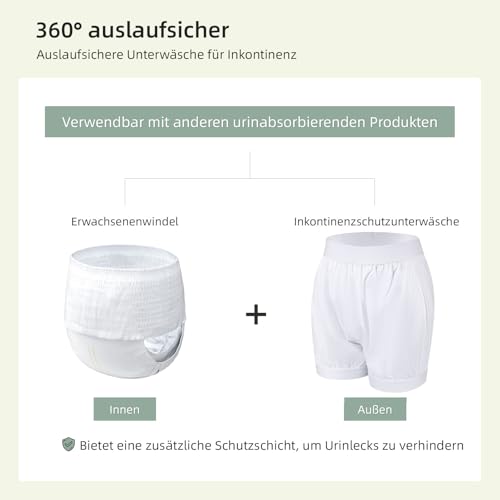 Carer 2 Stück Inkontinenz-Auslaufsichere Unterwäsche Boxershorts für Erwachsene Plastik-Windelhülle Waschbare Wiederverwendbare Wasserdichte InkontinenzUnterwäsche Boxershorts Unisex Weiß Größe L