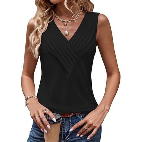 ELGOGY Women's Summer Tank Tops Basic Tanks Pleated V Neck Sleeveless T Shirts Dressy Casual Black S Cover