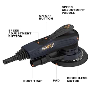 Smerigliatrice elettrica MAXXT senza spazzole da 350 W - Levigatrice orbitale 5.0 con dischi da 150 e 125 mm, attacco a tre punti, 4000-10000 giri/min (6 livelli), con 20 fogli