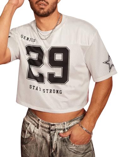 BEAUDRM Men's Jersey Shirts Graphic Oversized Y2k Baggy Shirt Crew Neck Short Sleeve Crop Tee Tops White Medium