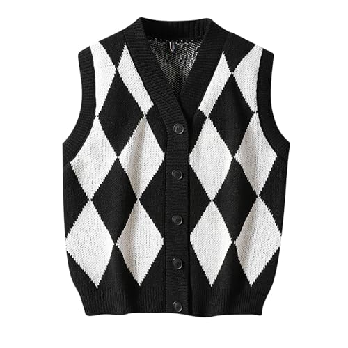 Image of RLEHJN Men's Sleeveless Jumpers & Knitted Gilets V Neck Knit Sweater Vest Checked Cardigan Knitwear Smart Casual Jumper Front Button Down Knitted Waistcoats Tank Tops M-3XL Black