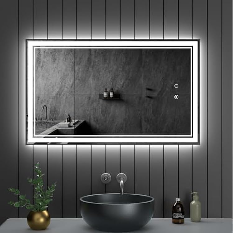 30 x 18 LED Bathroom Mirror with Lights Framed LED Mirror for Bathroom Backlit and Front Lighted Bathroom Mirror Black Square Aluminum Frame Anti-Fog Dimmable Vanity Shatter-Proof