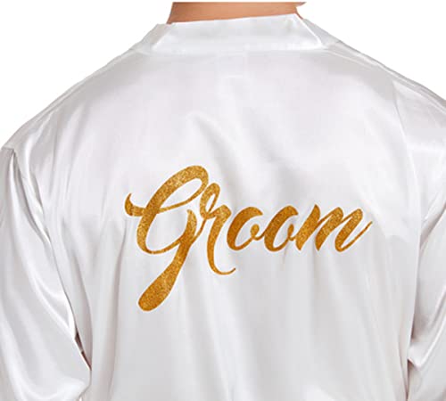 DQSSYTTX Groom Wedding Robe with Pocket Bronzing on The Back White Silk Bathrobe for Men Wedding Party Sleepwear Kimono Robe4