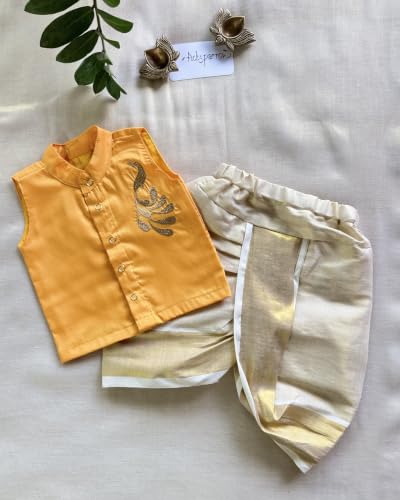Image of Picksparrow Baby Boy Cotton Silk-Tissue Kasavu Cotton Shirt with Dhoti pant (Peacock-Sleeveless)