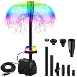 CREPOW 15W 800L/H Submersible Fountain Pump with LED Lights, Adjustable Quiet Water Pump, Pond Fountain Pumps for Water Feature, Garden, Aquarium Fish Tank, Indoor Outdoor Fountain with 3 Type Nozzles