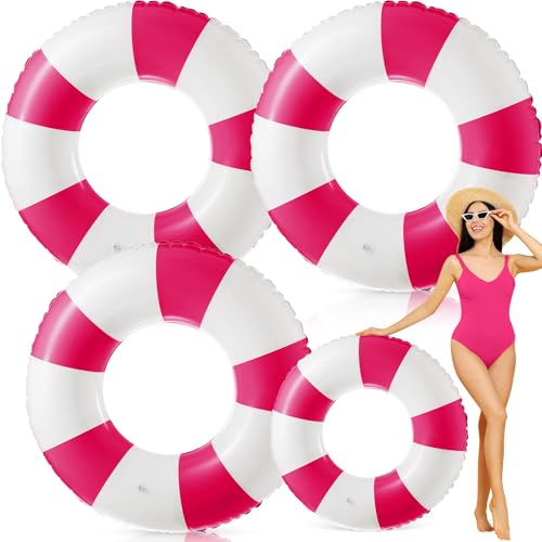 Foilswirl 47.24Inch Jumbo Inflatable Pool Floats for Adult White Striped Pool Inner Rings Swimming Inflatable Floaties Tube Women Summer Beach Bachelorette Wedding Decor(Rose Red White,3 Pcs)