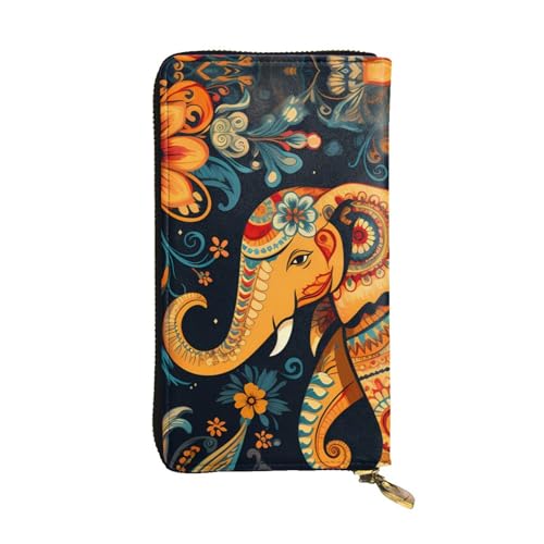 Leather Wallet 7.48 x 4.13 in - Stylish and Durable Wallet for Women with Multiple Compartments and Zipper Design Bohemian Elephant Pattern Prints
