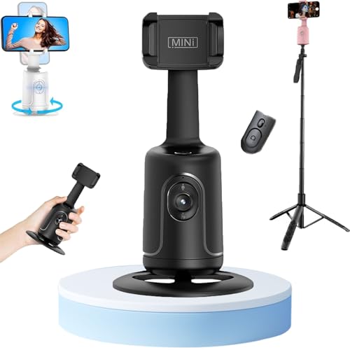 Image of Smart Ai Facial Recognition Phone Tripod, 360 Panoramic Auto Face-Tracking with Gesture Control, Adjustable 2-in-1 Tripod & Selfie Stick for Content Creator (Black, with Remote & Tripod)