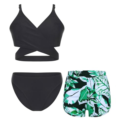 Moily Kids Girls 3 Pcs Bikini Sets Crisscross Bra Top Brief with Printed Shorts Bathing Suits