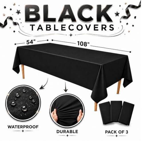 Image of Blue Orchards Black Plastic Table Cover (Pack of 3 with 20 Glue dots) - 54 inch x 108 inch - Black Waterproof & Disposable Tablecloth, Elegant Party Decoration for Graduation, Birthday Party Supplies