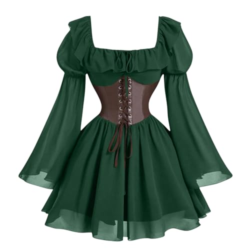 Vestido de corsé para mujer, midi vintage, monocolor, vestido de baile, cuello cuadrado, mangas acampanadas, vestido de noche, elegante, vestido de fiesta con volantes, cintura imperio, túnica Vestido de corsé para mujer, midi vintage, monocolor, vestido de baile, cuello cuadrado, mangas acampanadas, vestido de noche, elegante, vestido de fiesta con volantes, cintura imperio, túnica