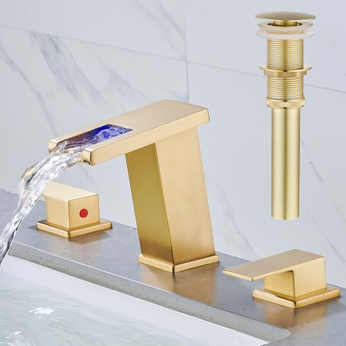 AVSIILE LED Bathroom Faucet 3 Hole, Brushed Gold Waterfall Bathroom Faucets, 8 Inch Widespread...