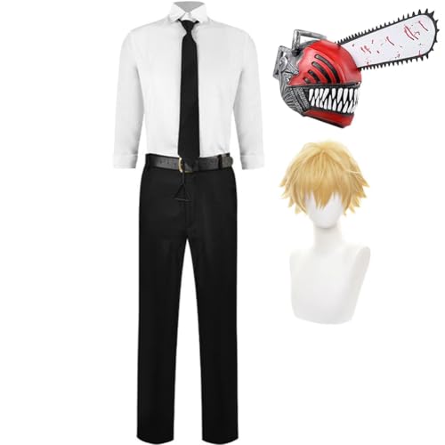 Zhongkaihua Traje de cosplay de Denji con peluca y máscara, disfraz completo de Halloween para hombre, camisa y pantalones, disfraz de anime