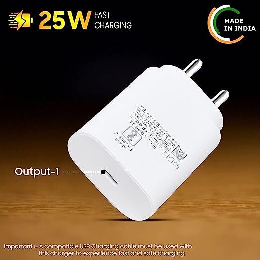 Image of 25W C-Type Super Fast Adapter Compatible With Samsung Galaxy M56 5G Super Fast Charger Adapter For A35 /S23 /S23 Fe /S22 /S21 /21 Fe /A06 /M16 /M35 /A16 /M06 /M05 /A56, A55 /S24 Fe /A16 /A36 5G, White