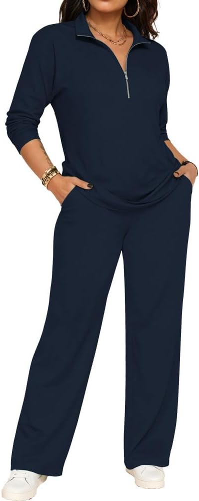 PINSV Women's 2 Piece Outfits Sweatsuit Lapel Half Zip Sweatshirts Wide Leg Pants Set Tracksuit - Image 2