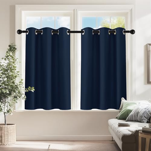 Image of PONY DANCE Navy Blue Blackout Short Curtains for Kitchen, Room Darkening Half Window Treatment Energy Saving Privacy Grommet Drapes for RV Bathroom Basement(2 Panels, W 34 x L 36 inches)