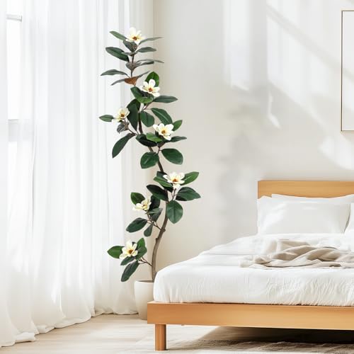 Rubber Tree 6FT Artificial Tree in White Planter Pot,Faux Plants Indoor Faux Floor Plant Artificial Plants with 7 Pcs Magnolia Flowers for Home Decor, Artificial Fiddle Leaf Fig Tree for Office