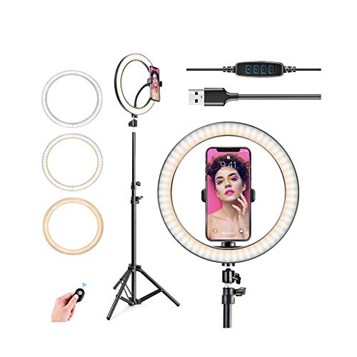 LEDリングライト スマホライトリングライト 26CM 3色モード 10段階調光USB卓上スタンド 撮影照明用ライト 高輝度LED 美容化粧/YouTube生放送/自撮り/広告用写真/ビデオカメラ撮影用セット 三脚スタンド付き【1年安心保障付き】