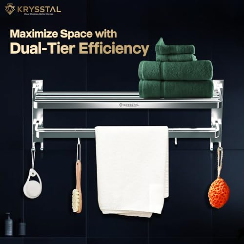 Image of Towel Holder in Bathroom - Towel Hanger for Wall,TwinFlex 304 Stainless Steel Foldable Towel Rack, Rustproof Wall Mounted Bathroom Shelf with Hooks, Heavy Duty Bathroom Accessories,24 Inch, Silver