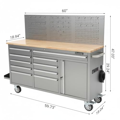Image of PeakPursuit 61 inch Rolling Tool Chest with 10 Drawers, Workbench Cabinet with Power Strip, Solid Rubber Wood Top, Pegboard, 1675 LBS Load, Mobile Heavy Duty Garage Storage, Locking Wheels, Silver