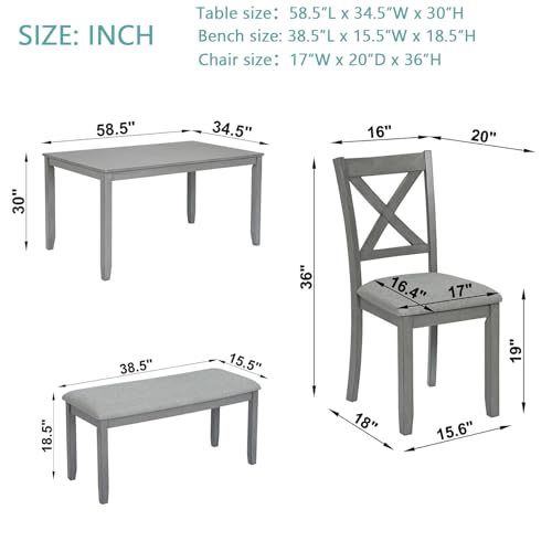 Image of Harper & Bright Designs 6-Piece Dining Table Set with 4 Upholstered Chairs & Bench, 58.5 inch Rectangular Solid Wood Frame Table, Dining Table Set for 6 People, Living Room, Home Bar and Kitchen,Grey