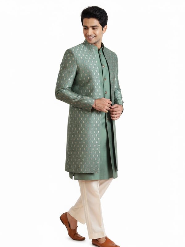 Men’s Inner Jacket Front Open Sherwani Trouser Set – Jacquard Silk Blend Traditional Outfit for Men - Festive & Wedding Ethnic Wear - Elegant & Comfortable-image-42