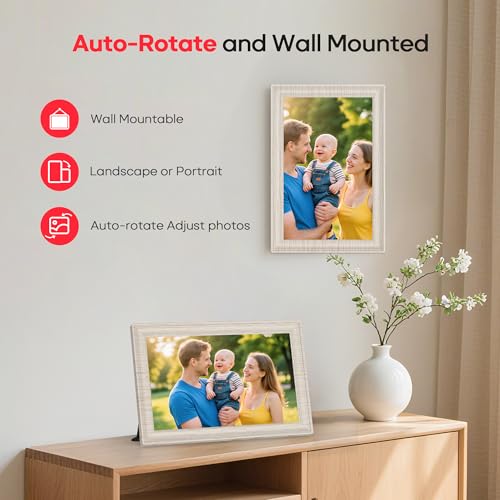 Image of Frameo 10.1 inch WiFi Digital Picture Frame with 32GB Memory, 1280 x 800 IPS HD Touch Screen Electronic Photo Frame, Auto-Rotate, Slideshow, Share Photos /Video Remotely Anywhere White Wood Grain