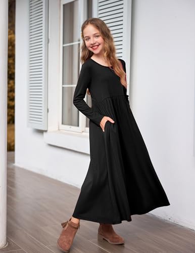 Image of Arshiner Girls Maxi Dress Long /Short Sleeve Casual Holiday Dress with Pockets for 5-13 Years