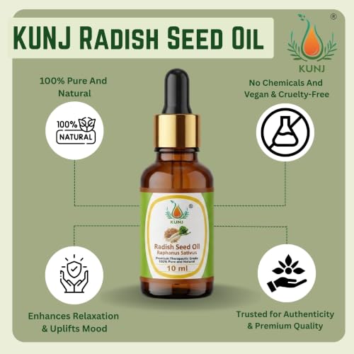 Image of KUNJ Radish Seed Oil 10ml - 100% Pure & Natural Cold Pressed Undiluted Carrier Oil for Hair, Scalp, Skin & Face Care | Lightweight Nourishing Oil for Smooth Hair & Healthy-Looking Skin