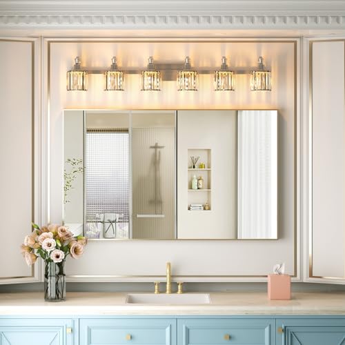 Image of GarveeTech Crystal Vanity Light Fixtures Modern Stainless Steel Crystal Bathroom Vanity Light Fixtures Chrome, 6 Light Vanity Light Bathroom Wall Lights Fixtures E26 Base(Exclude Bulb)